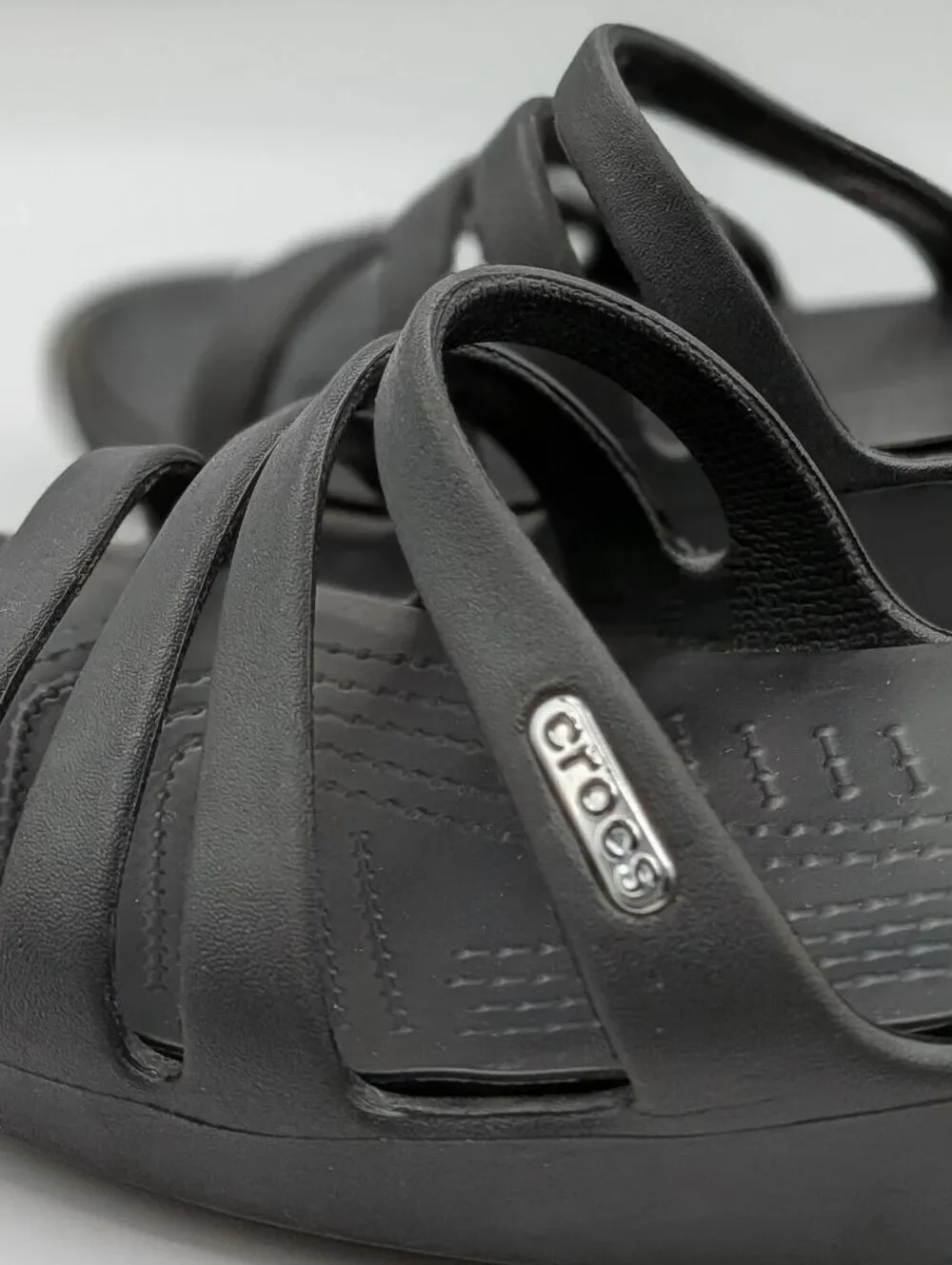 Crocs Size 7 $60 Black Huarache Strappy Comfort Slide Sandals Casual Lightweight